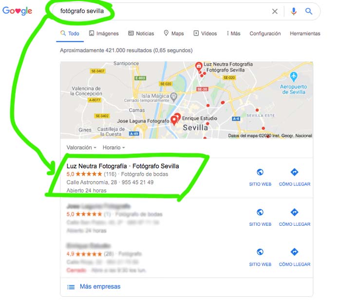 Resultado número 1 en Google Maps para fotógrafo Sevilla