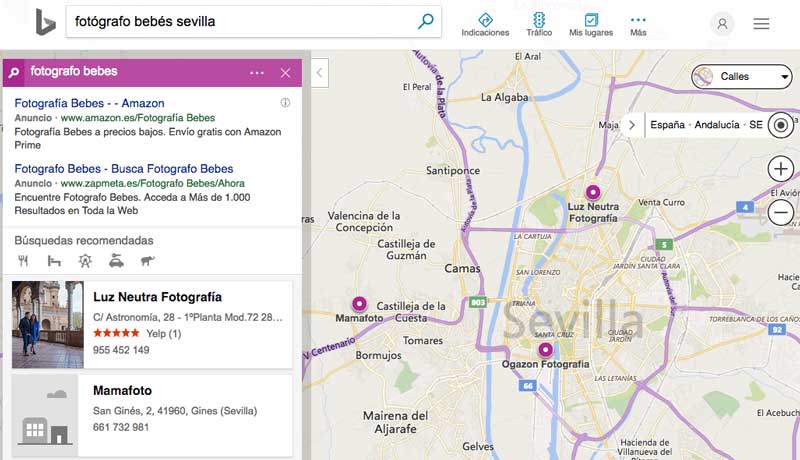 La sección de Maps de Bing es algo más pobre estéticamente que la de Google, y para posicionar un negocio son fundamentales las reseñas en Yelp o Facebook