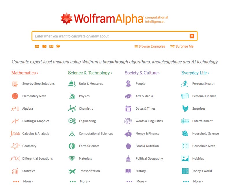 WolframAlpha, el buscador específicamente técnico, ideal para matemáticas, física, trabajos o escritos técnicos, etc.