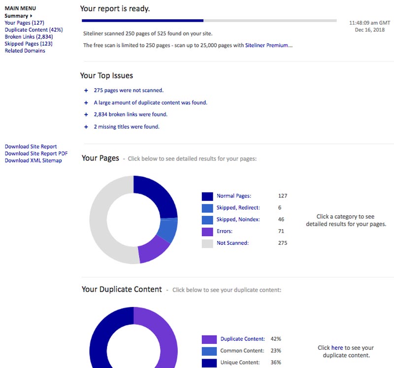 Los informes de Siteliner son muy completos para poder optimizar el seo onpage de tu web o de algún cliente