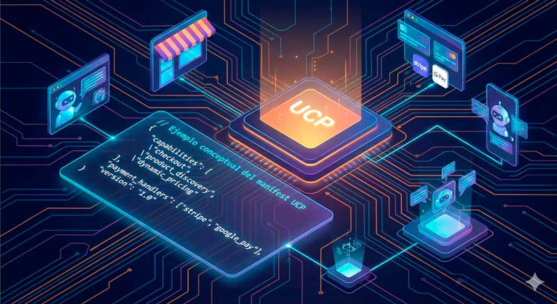 El Universal Commerce Protocol (UCP) de Google revoluciona el e-commerce. Descubre cómo adaptar tu tienda al comercio con agentes de IA y las estrategias GEO para 2026