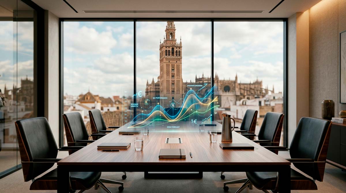 Equipo de Consultoría SEO Sevilla en reunión estratégica con vistas a la Giralda