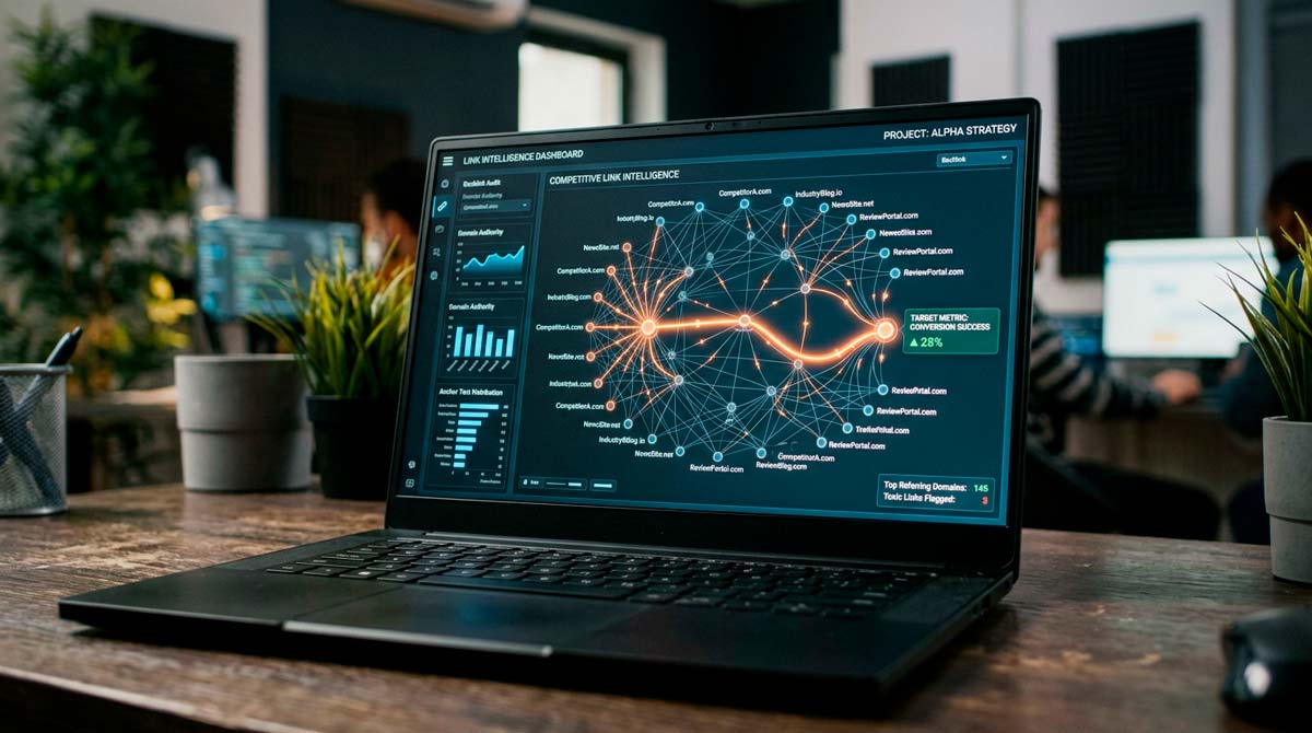 Dashboard de inteligencia de enlaces mostrando el perfil de backlinks y los dominios de referencia de la competencia