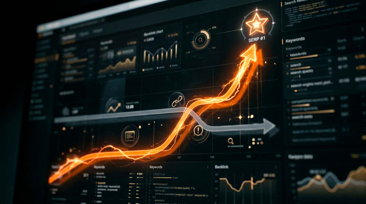 Panel con las keywords, posiciones y métricas de un competidor que escala hasta el primer puesto del SERP