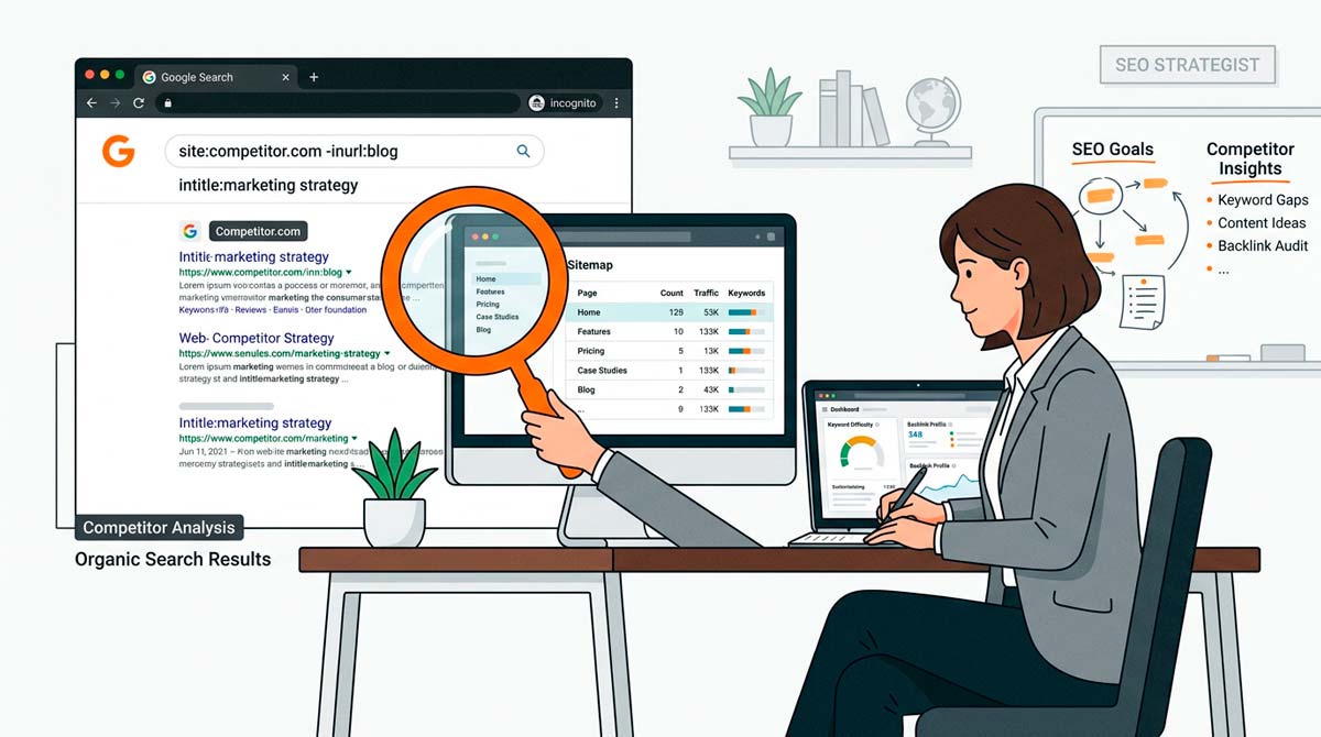 Uso de operadores de búsqueda (site:, intitle:) en Google en modo incógnito para investigar a un competidor