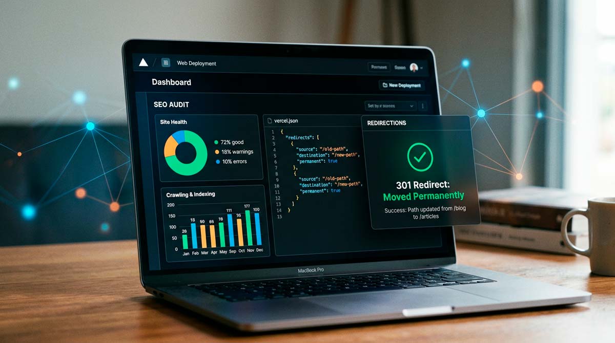Panel de auditoría SEO con redirecciones 301 configuradas en vercel.json y verificación del estado de las URLs