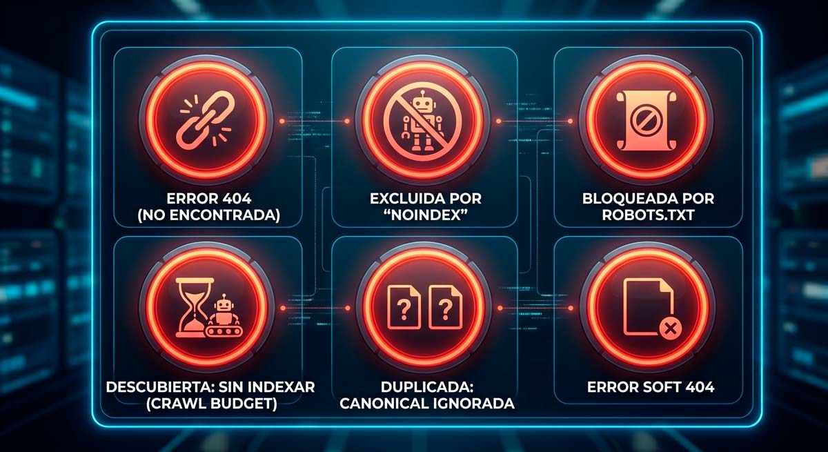 Tipos de errores de indexación en Search Console: error 404, excluida por noindex, bloqueada por robots.txt, descubierta sin indexar, duplicada con canónica ignorada y soft 404
