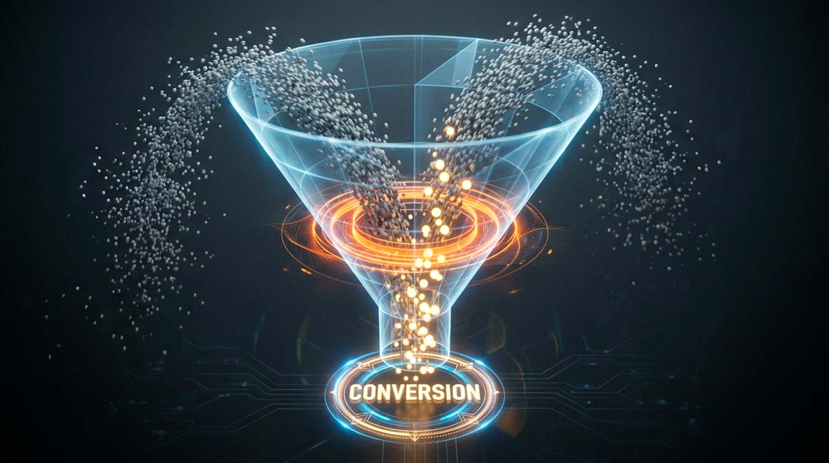 Embudo de conversión: el tráfico orgánico entra y se transforma en conversiones (clientes)