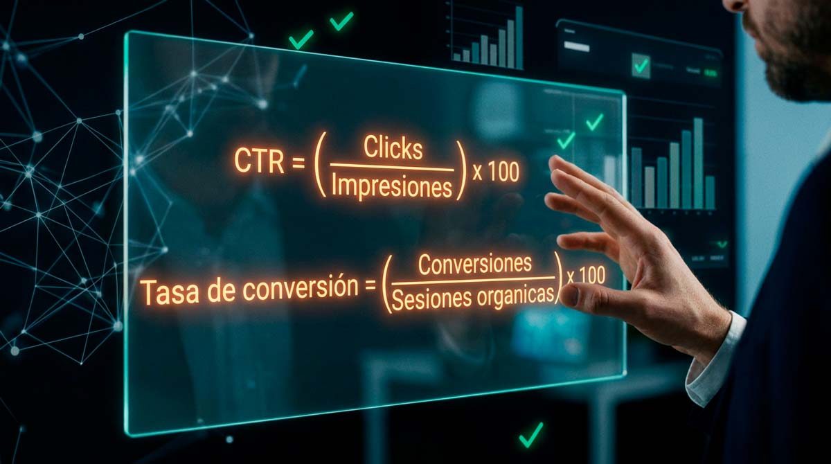Fórmulas del CTR (clics entre impresiones) y de la tasa de conversión (conversiones entre sesiones orgánicas)