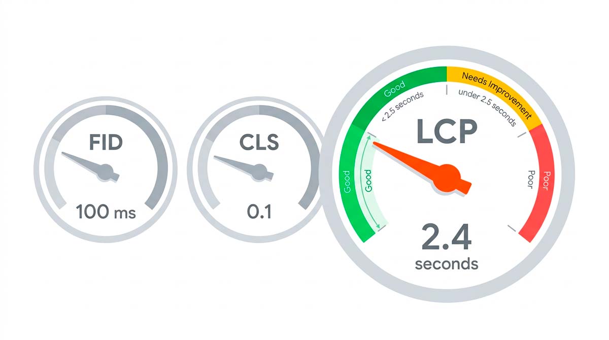 Medidor de Core Web Vitals con el LCP en 2,4 segundos dentro del rango Bueno (verde), junto a los umbrales Necesita mejorar y Deficiente