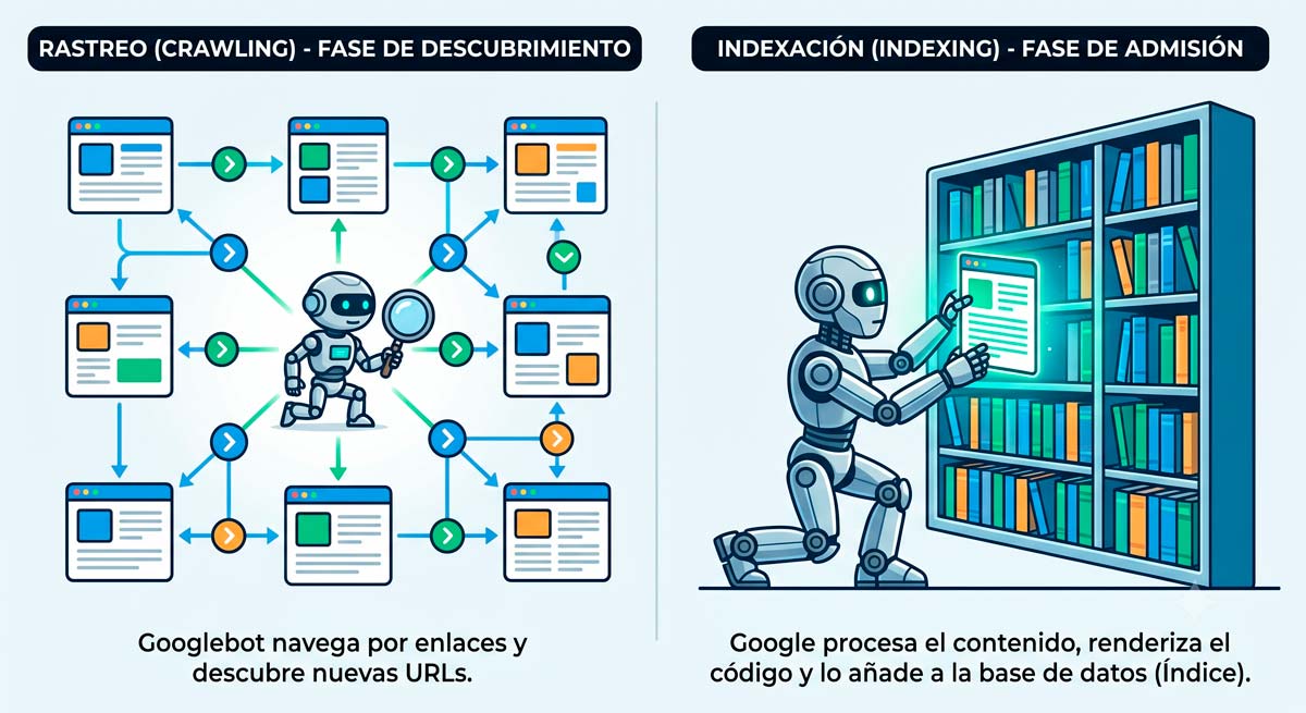 Diferencia entre rastreo (crawling) e indexación (indexing): Googlebot descubre URLs y luego Google procesa el contenido y lo añade al índice