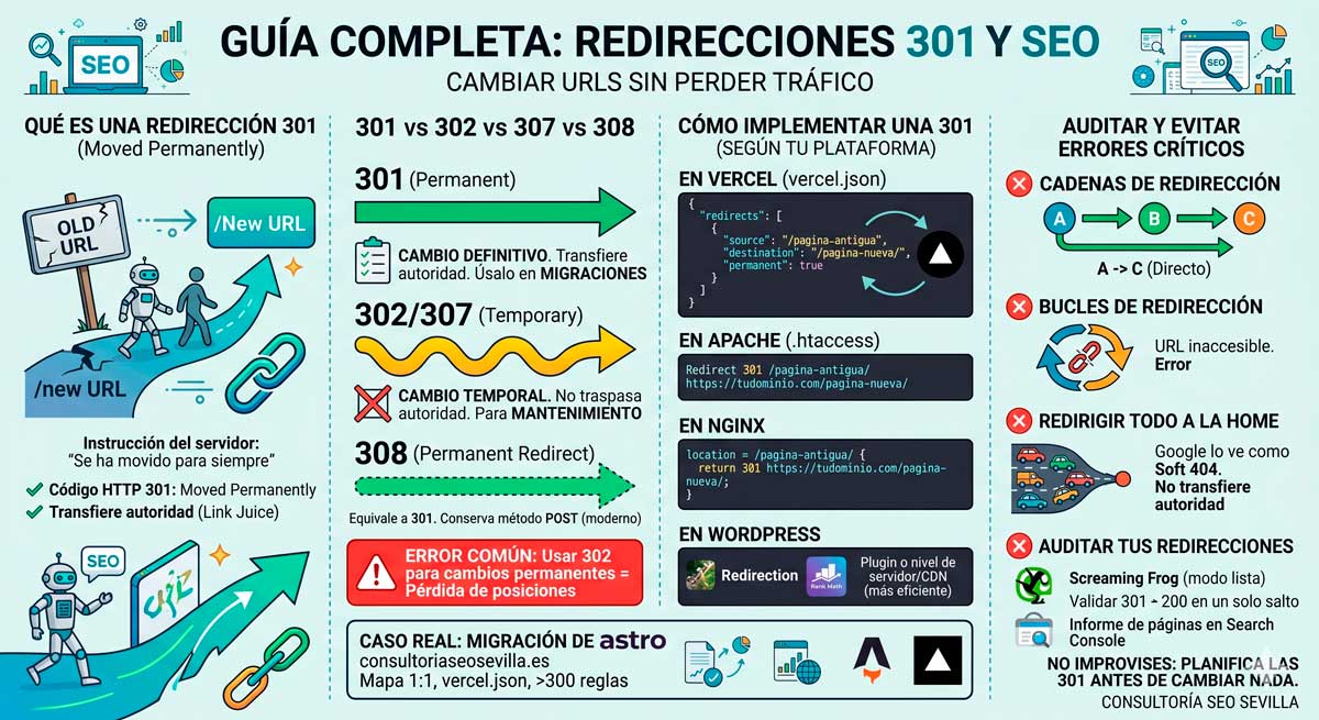 Infografía guía completa de redirecciones 301 y SEO: qué es una 301, comparativa 301 vs 302/307/308, cómo implementarla en Vercel, Apache, Nginx y WordPress, y cómo auditar y evitar errores (cadenas, bucles y redirigir todo a la home)
